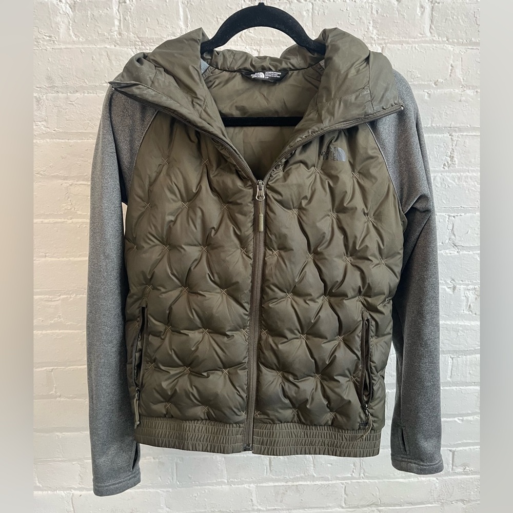 North Face Hooded Puffer Vest With Sleeves Coat Jacket Army Green Gray Cute Warm